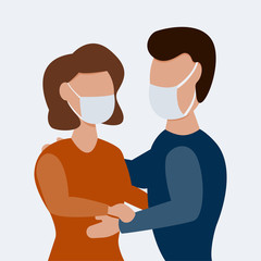 Obraz premium Man with woman wearing protective masks together. Coronavirus prevention. Flat design. Vector illustration