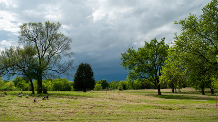 Fototapeta na wymiar Storm approaching in the spring countryside, dark threatening thunder storm clouds 