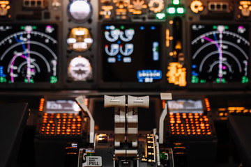 Close-up of engine controller. Disengage. Modern Boeing cockpit. His quality photo inside aircraft - 338537107
