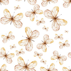 Fototapeta na wymiar Hand drawn watercolor butterflies pattern on white background. Cartoon fly butterfly