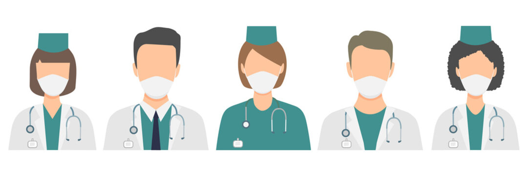 Medical Team. Vector Illustration With Five Doctors Isolated On The White Background. Support Medical Staffs, Physician And Nurse In Wearing Face Masks, Air Pollution. Coronavirus World Pandemic.