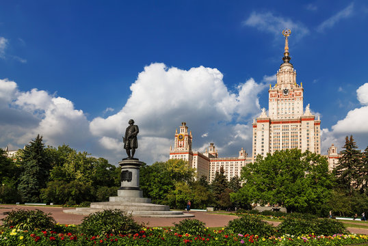 The main building of Moscow state University and the monument to M. V. Lomonosov. Moscow, Russia