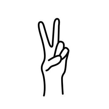 Peace sign. Victory sign. Hand gesture The V symbol of peace. Korean finger symbol for victory. Vector illustration on white background. Hand drawn design for print greeting cards, banner, poster
