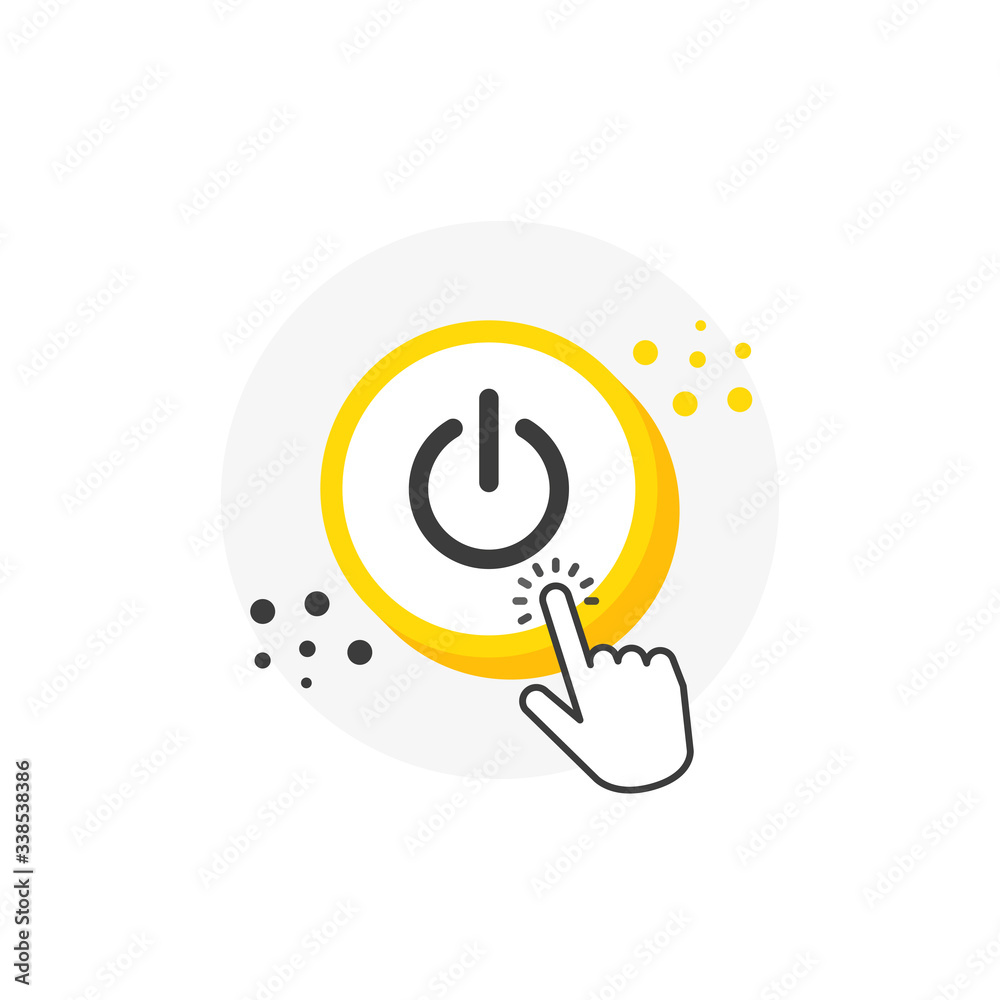 Poster power yellow 3d circles button with hand pointer clicking. white background. vector