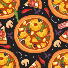 Fototapeta na wymiar Italian cheese pineapple pizza vector illustration. Delicious tasty snack with chili pepper, olives, basil, onion and mushrooms seamless pattern. Flat design background.
