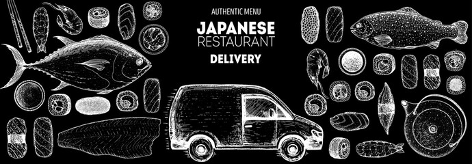 Sushi and rolls vector illustration. Hand drawn sketch. Delivery truck hand drawn. Japanese food menu design. Vintage vector elements for japanese cuisine menu. Food and drink collection. Sushi sketch