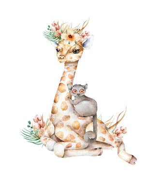 Poster with cute giraffe and mouse lemur. Watercolor cartoon giraffe tropical animal illustration. Jungle exotic summer design