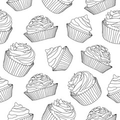 Cupcakes black line vector seamless pattern
