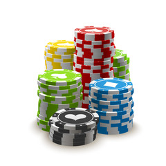 illustration Online Poker casino banner with chips on white surface table. Marketing Luxury Banner big win Jackpot Online Casino isolated on white background. Advertising poster with chips