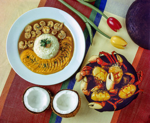 Typical food from northeastern Brazil, crab in water and salt and shrimp in coconut sauce.