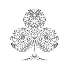 Poker playing card suit clover design shape single icon. Clubs suit deck of playing cards used for ace in Las Vegas royal casino. Single icon pattern isolated on white. Ornament drawing pic for tattoo