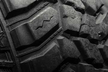 Close up view of a mud tire tread used mainly for off road.