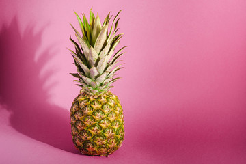 Fresh sweet pineapple on pastel pink purple background with hard shadow, angle view copy space