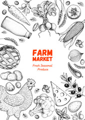 Organic food illustration. Farmers market design elements. Hand drawn sketch. Various food frame. Good food store concept.