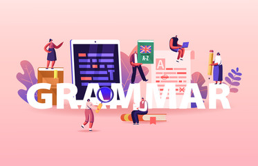 English Grammar Examination Concept. Tiny People Characters Correct Mistakes and Errors in Paper and Digital Test. Fail Exam Results, Incorrect Answers Poster Banner Flyer. Cartoon Vector Illustration