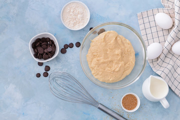 Ingredients for preparing bakery on color background