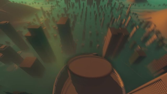Seamless loop camera movement over skyscrapers. Retro atmospheric foggy vice city. 