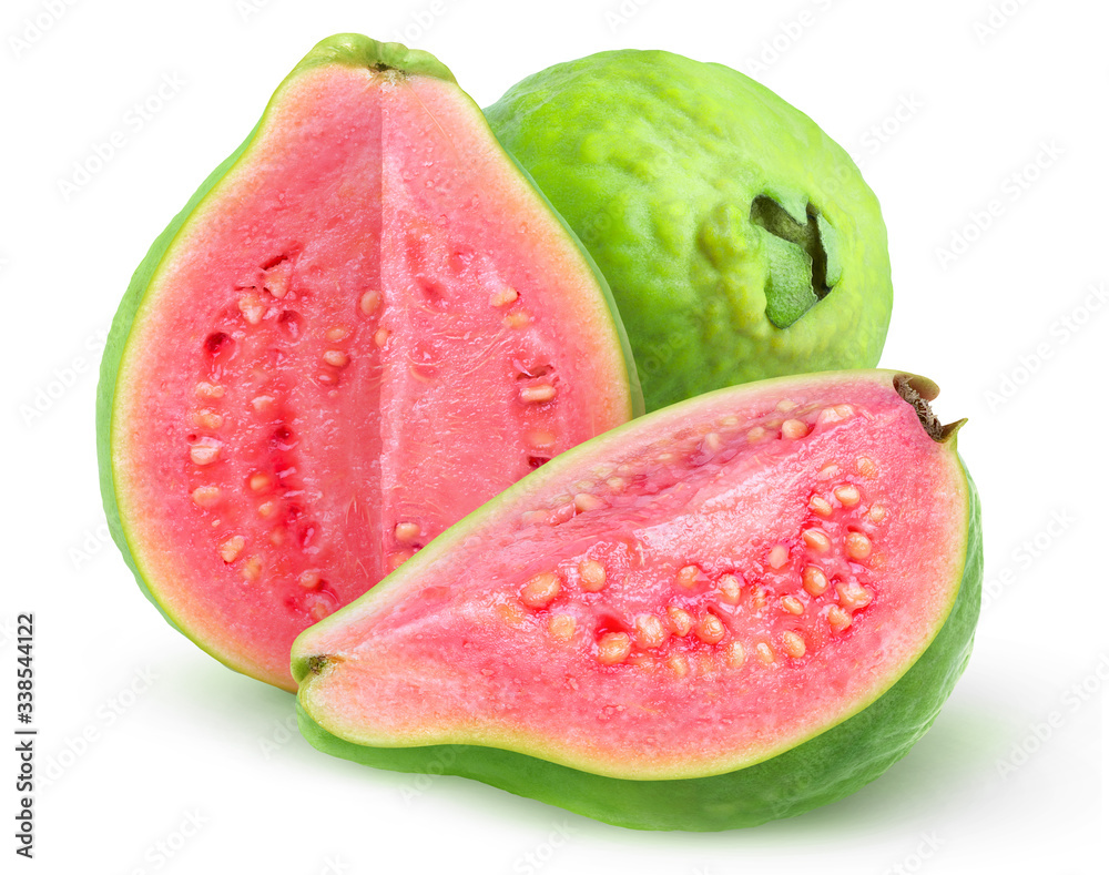 Poster isolated guava fruits. pink guavas with green skin cut in halves isolated on white background with c