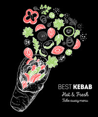 Doner kebab and ingredients for kebab, sketch illustration. Flying salad concept. Arabic cuisine frame. Fast food menu design elements. Shawarma hand drawn. Middle eastern food.