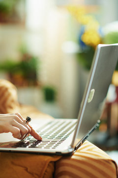 trendy woman in house in sunny day using website