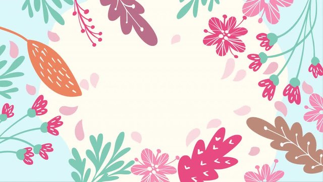 Floral scandinavian frame with flowers and leaves and with place for your text. Beautiful animation footage for Mothers Day, wedding, scrapbooking. Full HD video
