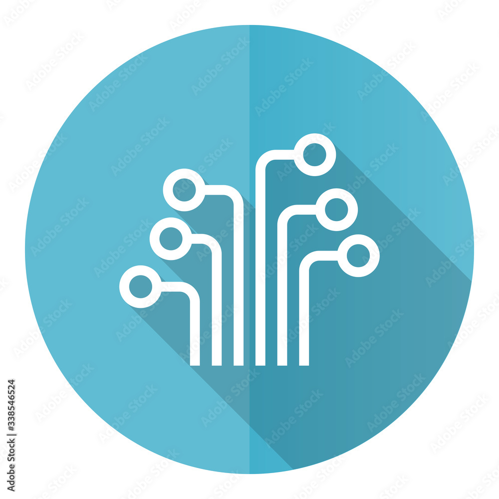 Poster circuit blue round flat design vector icon isolated on white background, technology, chip, processor