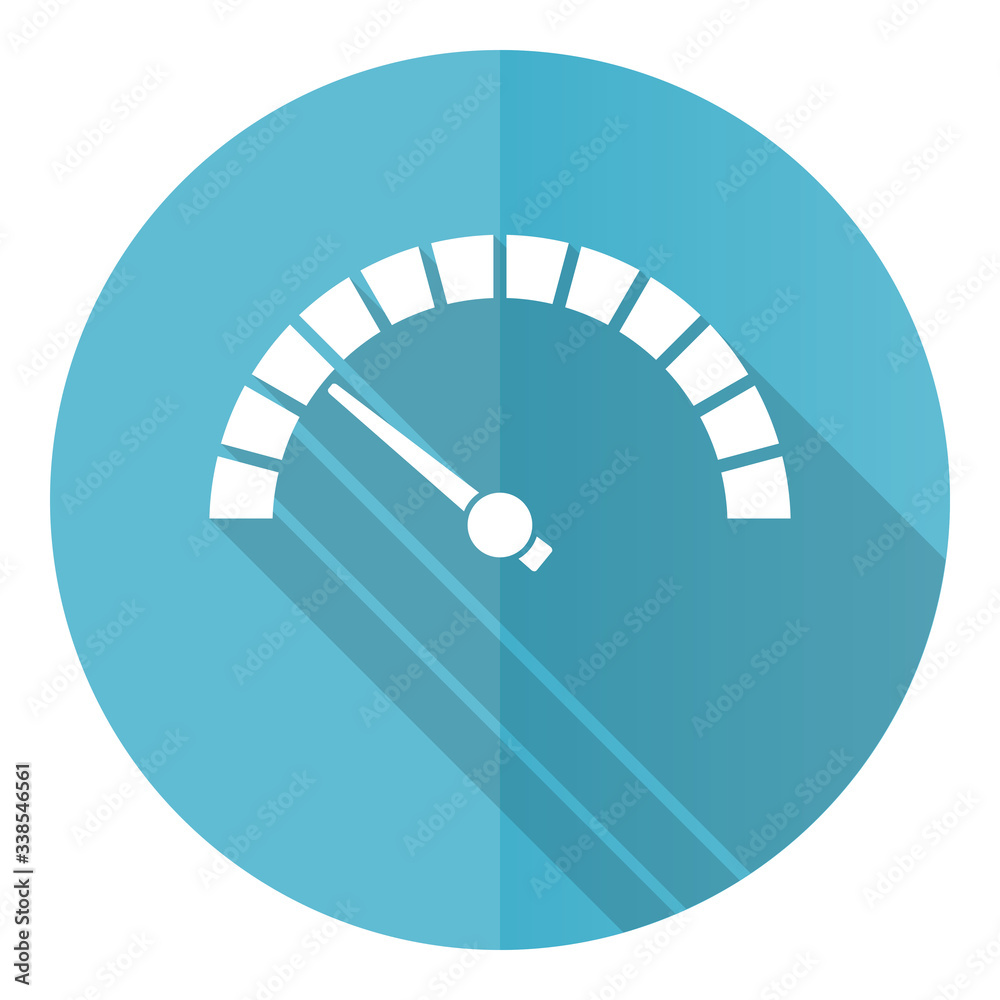 Poster speed meter blue round flat design vector icon isolated on white background, fast indicator illustra