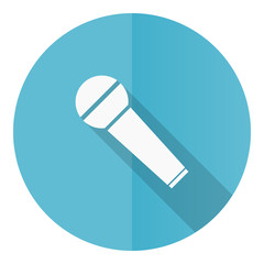 Microphone and music blue round flat design vector icon isolated on white background, karaoke illustration in eps 10