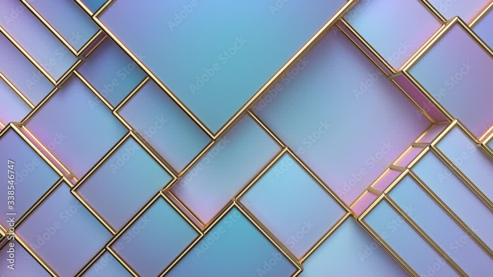 Poster pearlescent dynamic boxes with golden frames. random pastel cubes. motion design pattern. 3d loop an