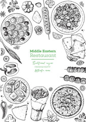 Middle eastern food top view frame. Food menu design with pita, shawarma, kebab, baklava, meat balls. Vintage hand drawn sketch vector illustration.