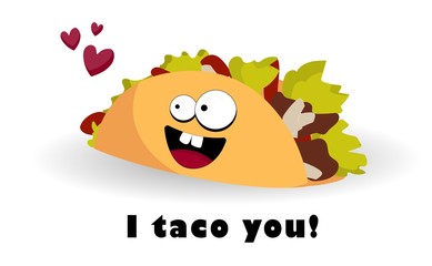 Taco character. Mexican food. Funny tacos with eyes. Vector illustration. Postcard or poster fast food, street food.