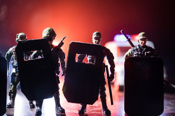 Police cars at night. Police car chasing a car at night with fog background. 911 Emergency response...