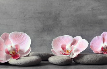 Obraz na płótnie Canvas Spa stones and pink orchid on the grey background.