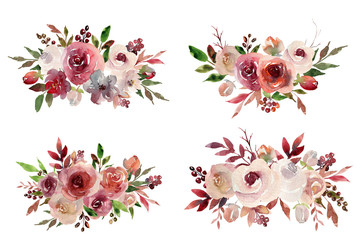 Watercolor hand painted digital clipart composition with roses, leaves and berries. Boho style. Burgundy, pink and white flowers. Best for wedding invitation cards, party supplies, stickers, prints