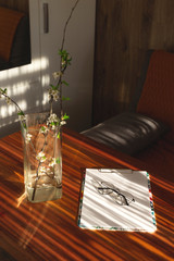 Cozy home freelancer workplace with laptop. Stay at home in isolation. Minimalistic eco interior.