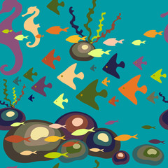 sea horse fish and stones under water seamless pattern