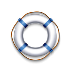 Naklejka premium white lifebuoy with blue element rope isolated on white background, vector illustration. 