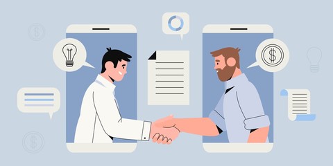 Two businessman settle contract with signing up contract and handshake. New profitable project start up sponsored by investor. Busines concept of two male characters in smartphone making deal. - obrazy, fototapety, plakaty