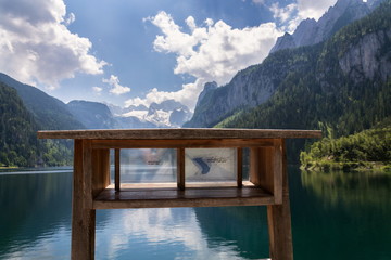 Information board on bank of the Vorderer Gosausee lake near Gosau showing melting glacier retreat...