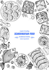 Scandinavian cuisine top view frame. Smorgasbord illustration. A set of Scandinavian dishes . Food menu design template. Vintage hand drawn sketch vector illustration. Engraved image