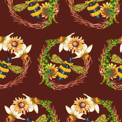 sunflower wreaths and bees seamless pattern