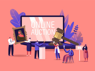 Online Auction Concept. Auctioneer, People Collectors Buying Assets in Internet. Tiny Male and Female Characters at Huge Laptop and Gavel Holding and Rising Bid Boards. Cartoon Vector Illustration - obrazy, fototapety, plakaty