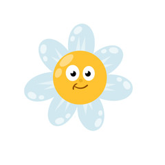 Blue flower with cute face and yellow center. Children funny drawing. Beautiful plant. Cartoon flat illustration