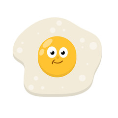 Scrambled eggs. Healthy Breakfast. Protein and yolk. Element of cooking. Children drawing with a funny face. Cartoon flat illustration