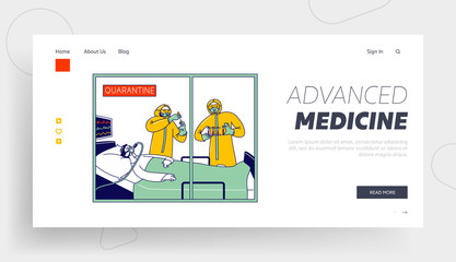 Obraz na płótnie Canvas Coronavirus Pandemic Landing Page Template. Doctor Characters Wear Protective Costumes Taking Blood Test from Patient Lying on Artificial Lungs Ventilation Machine. Linear People Vector Illustration