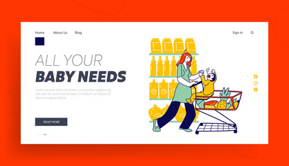 Obraz na płótnie Canvas Naughty, Hyperactive Baby Character Landing Page Template. Hysterical Child Crying Loudly while Manipulating Mother Sitting in Shopping Trolley in Supermarket. Linear People Vector Illustration