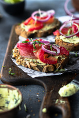 Beetroot marinated salmon with homemade bread