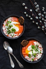 Jewish breakfast with poached egg 