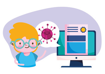 education online, student boy computer diploma, coronavirus pandemic