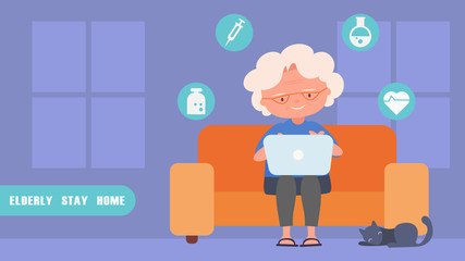 Stay at home concept crisis situation that we’re all experiencing around the world due to the coronavirus outbreak,Elderly women Find medical information online contact with the doctor.